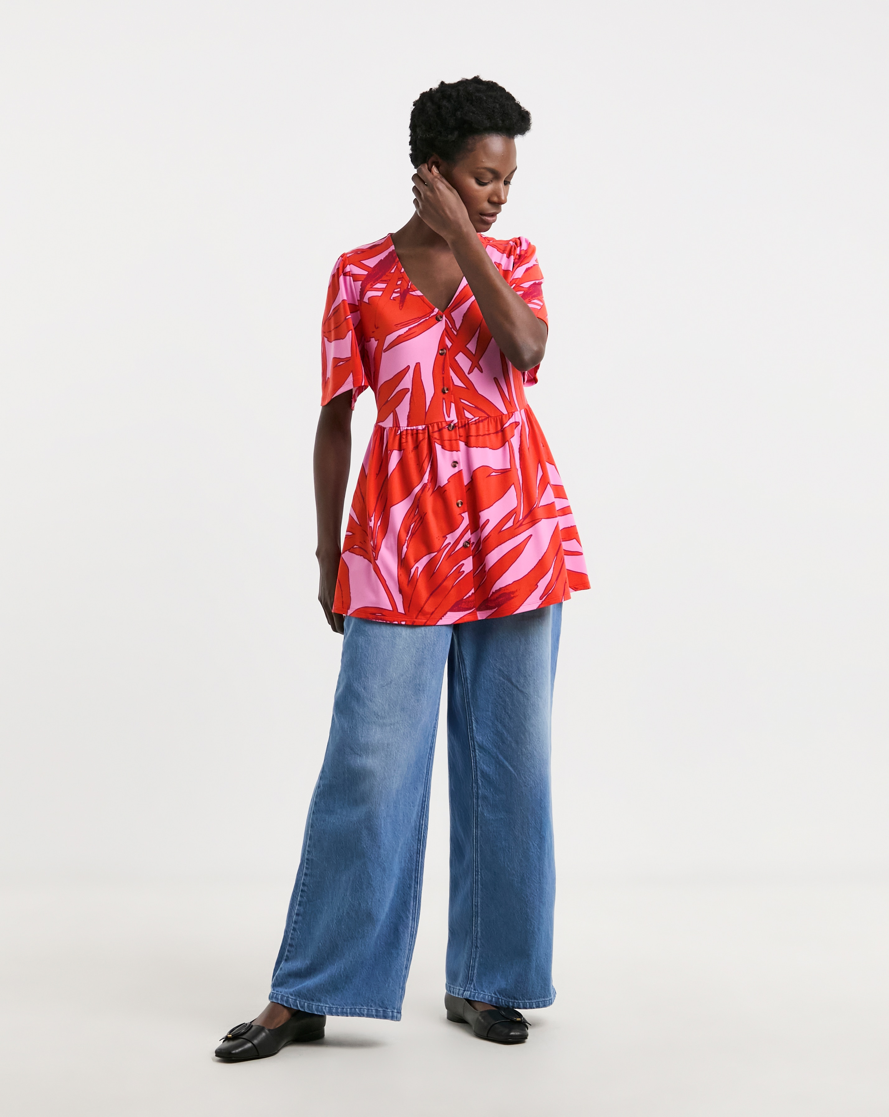 Palm Print Angel Sleeve Longline Top