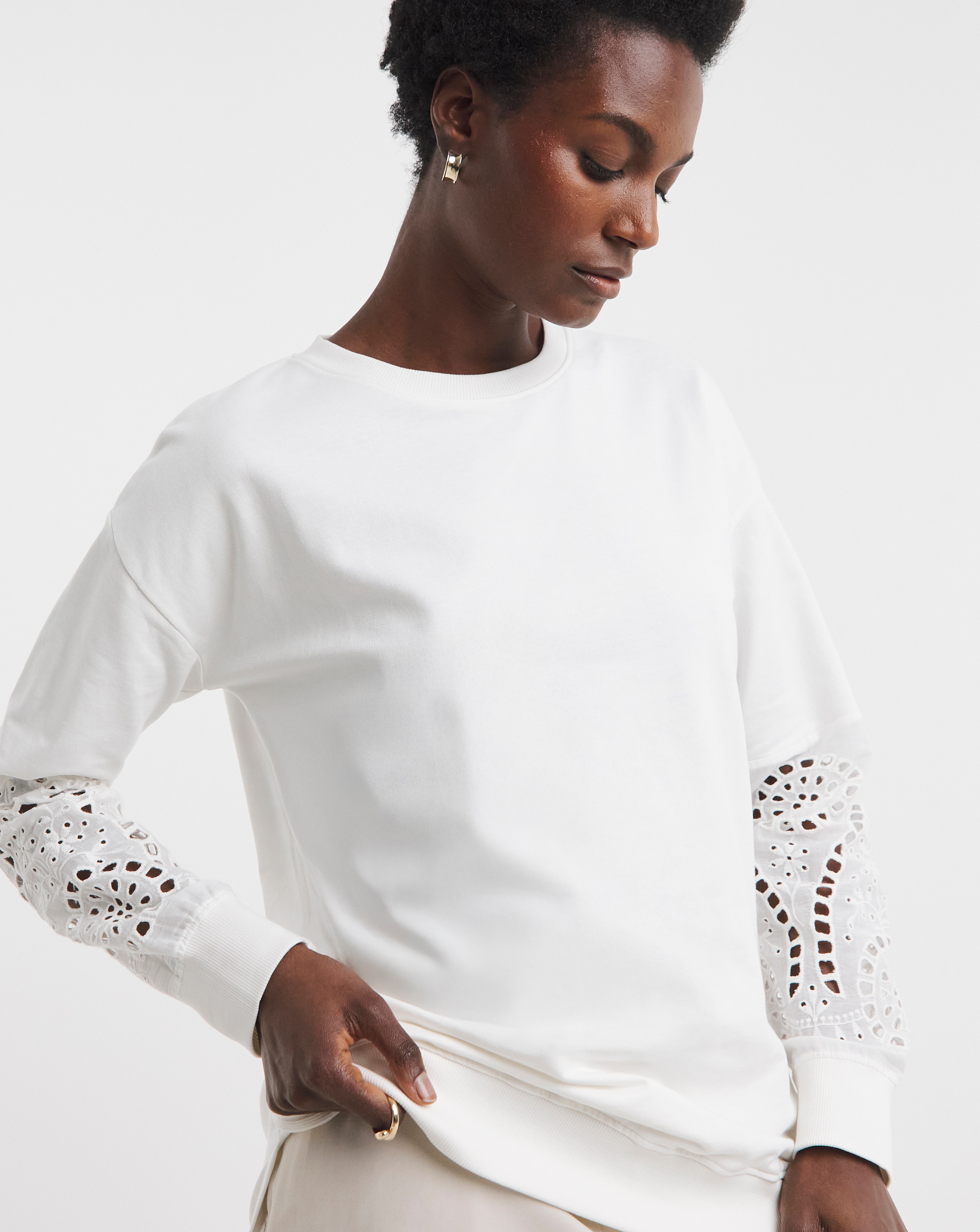 White Broderie Sleeve Sweatshirt