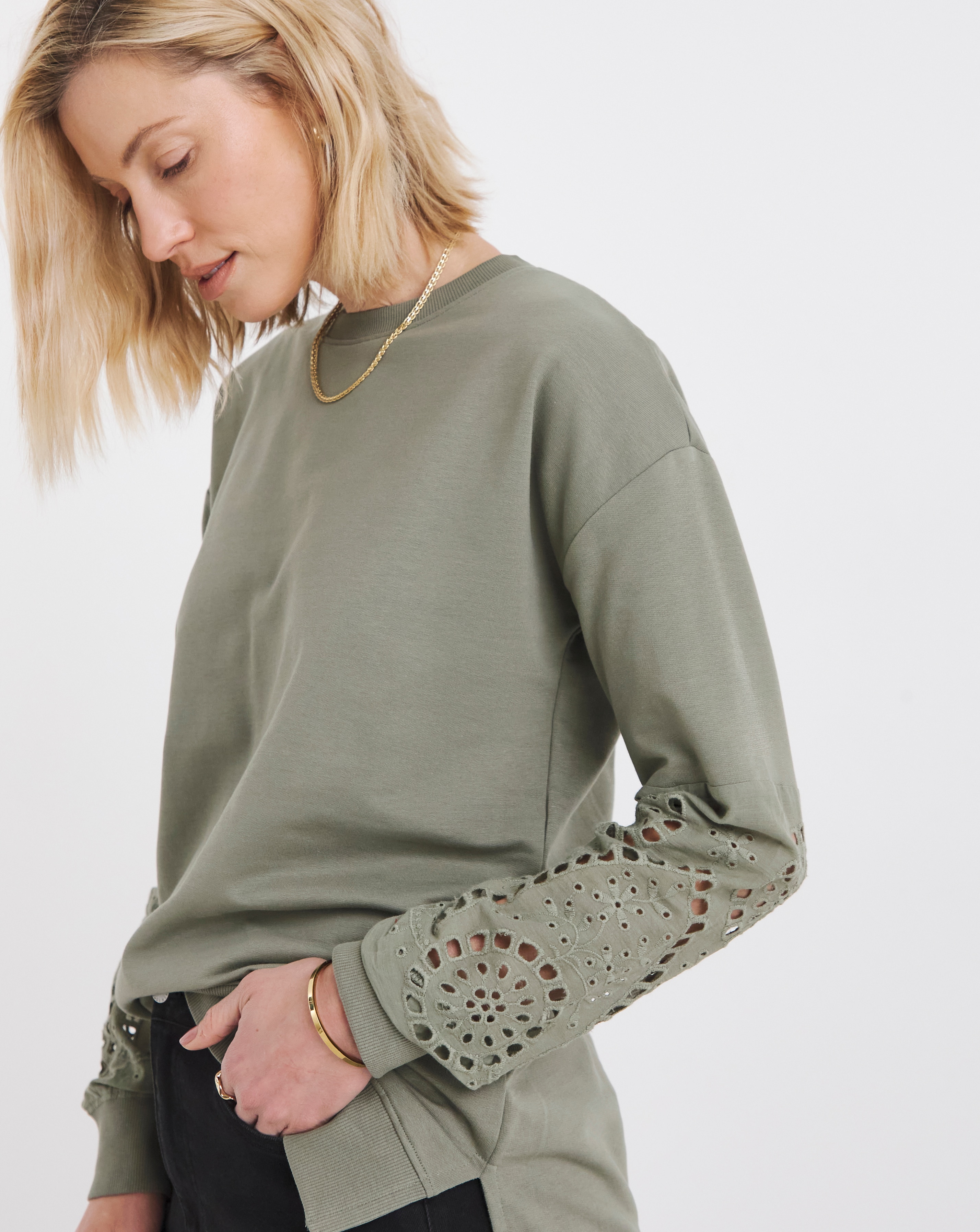 Khaki Broderie Sleeve Sweatshirt