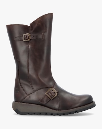 Fly London Mes II Brown Leather Low Wedge Calf Boots