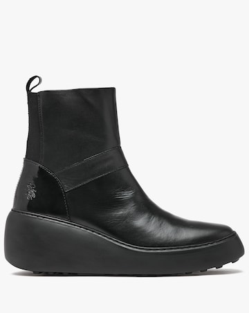 Fly London Doxe Black Leather Wedge Boots