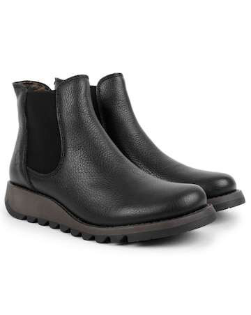 Fly London Salv Black Pebbled Leather Wedge Chelsea Boots