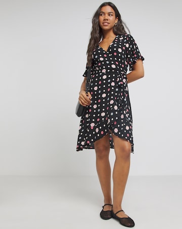 Black Floral Printed Crinkle Wrap Skater Dress With EcoVero TM Viscose