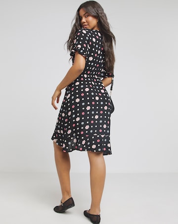 Black Floral Printed Crinkle Wrap Skater Dress With EcoVero TM Viscose