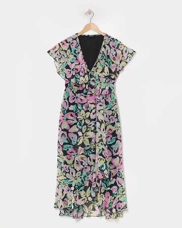 Floral Print Ruffle Front Wrap Midi Dress