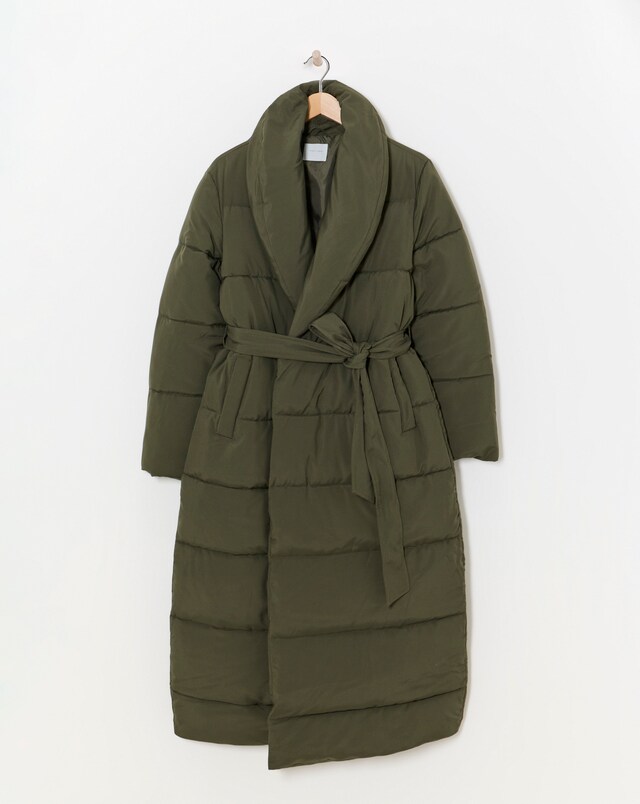 Green Longline Belted Padded Coat