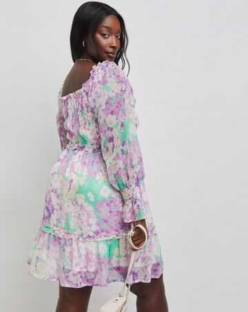 Blurred Floral Print Shirred Long Sleeve Skater Dress