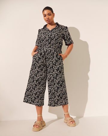 Black Ditsy Floral Culotte Utility Jumpsuit