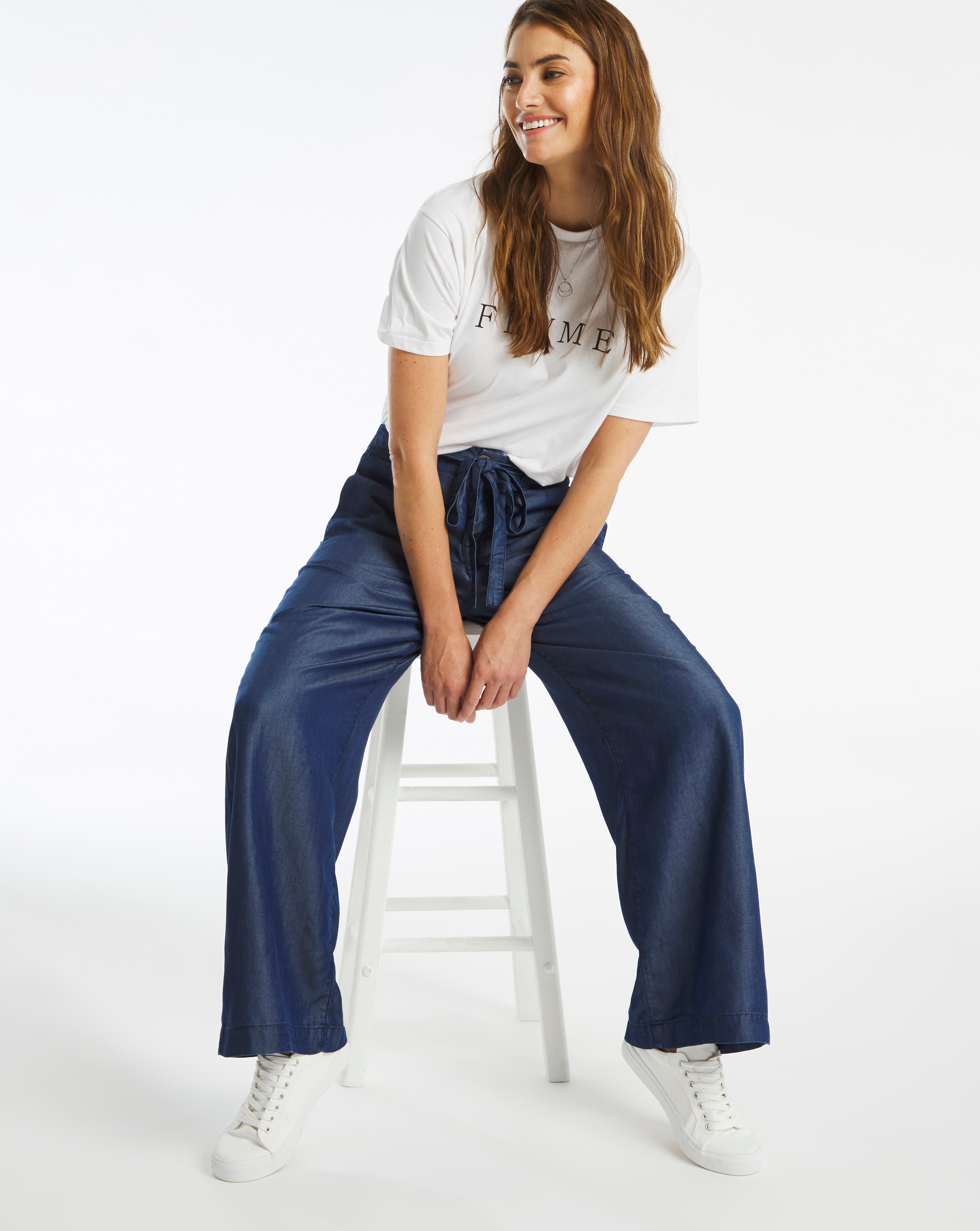 Indigo Lyocell Belted Wide Leg Trousers 