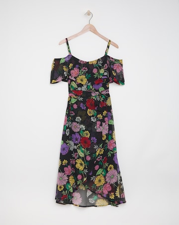 Black Floral Bardot Georgette Midi Dress