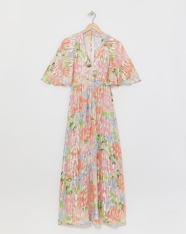 Boutique Floral Print Jacquard Cape Maxi Dress