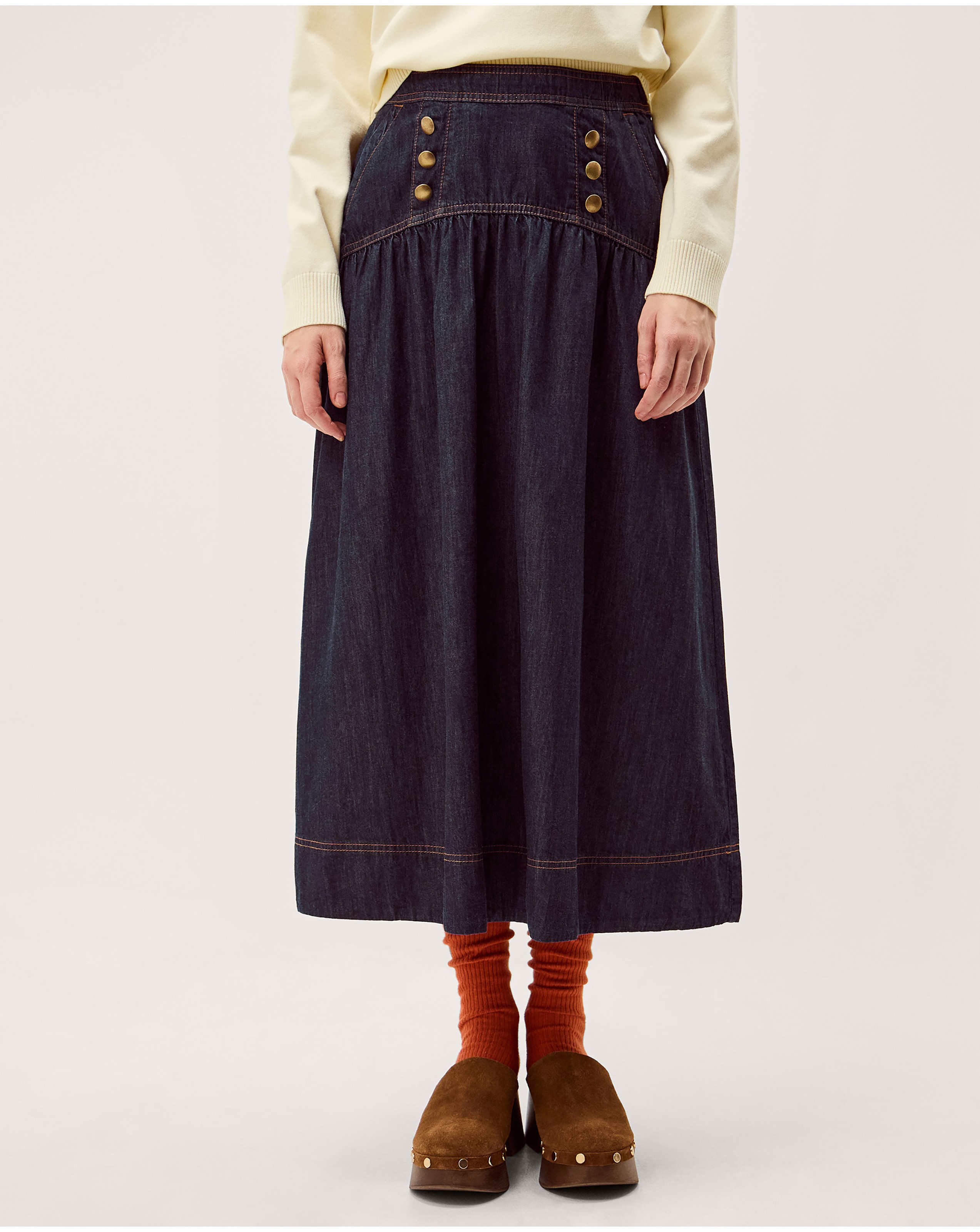 New In - Monsoon Lucy Button Denim Midi Skirt