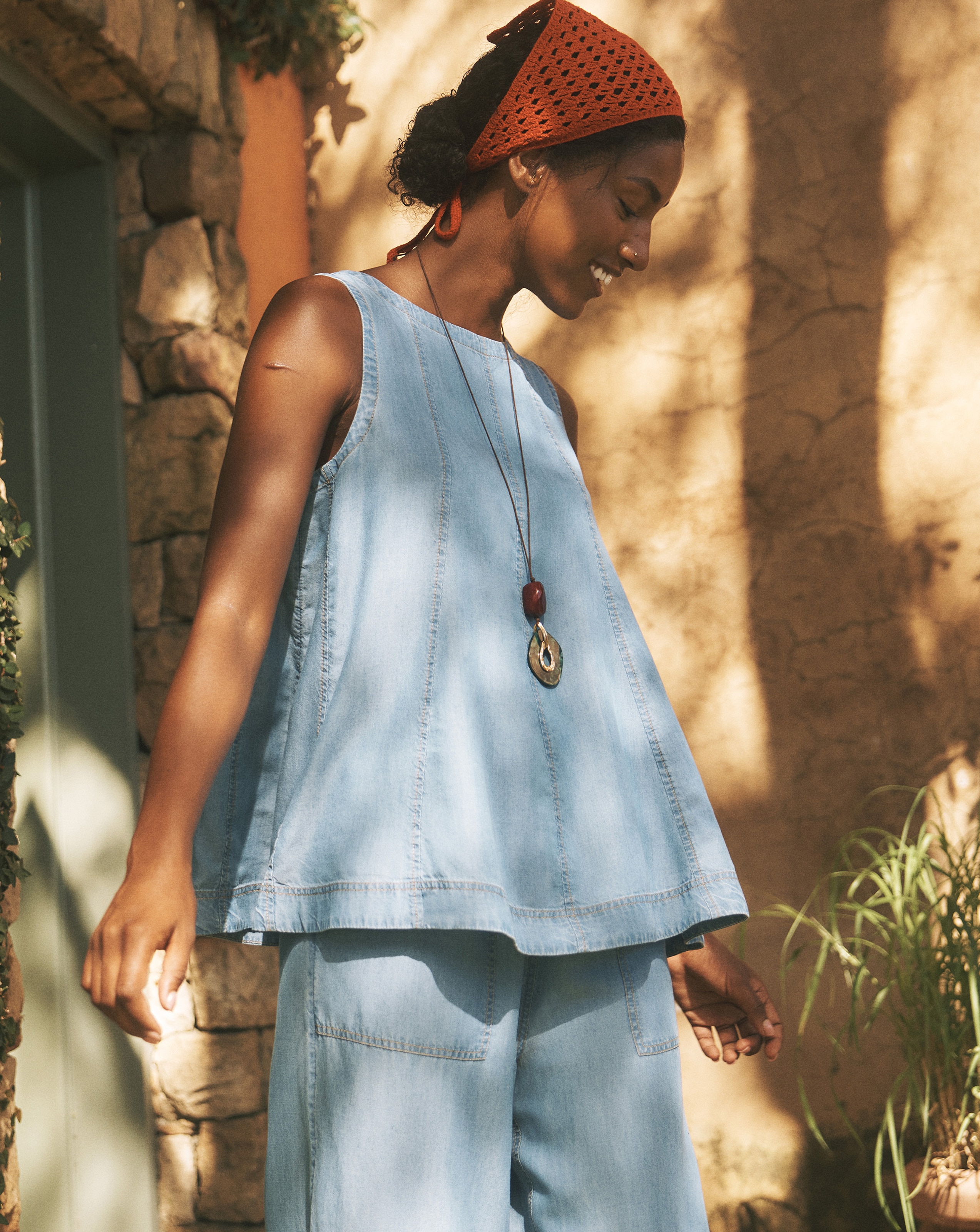Monsoon Daria Swing Chambray Tank Top - Denim Blue