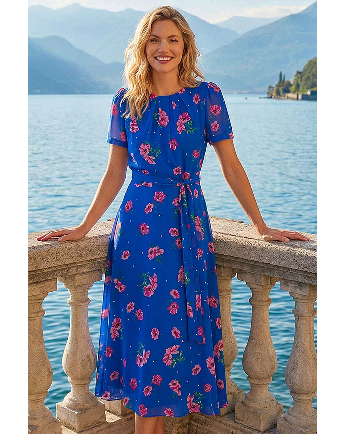 New In - Roman Floral Pleated Chiffon Dress