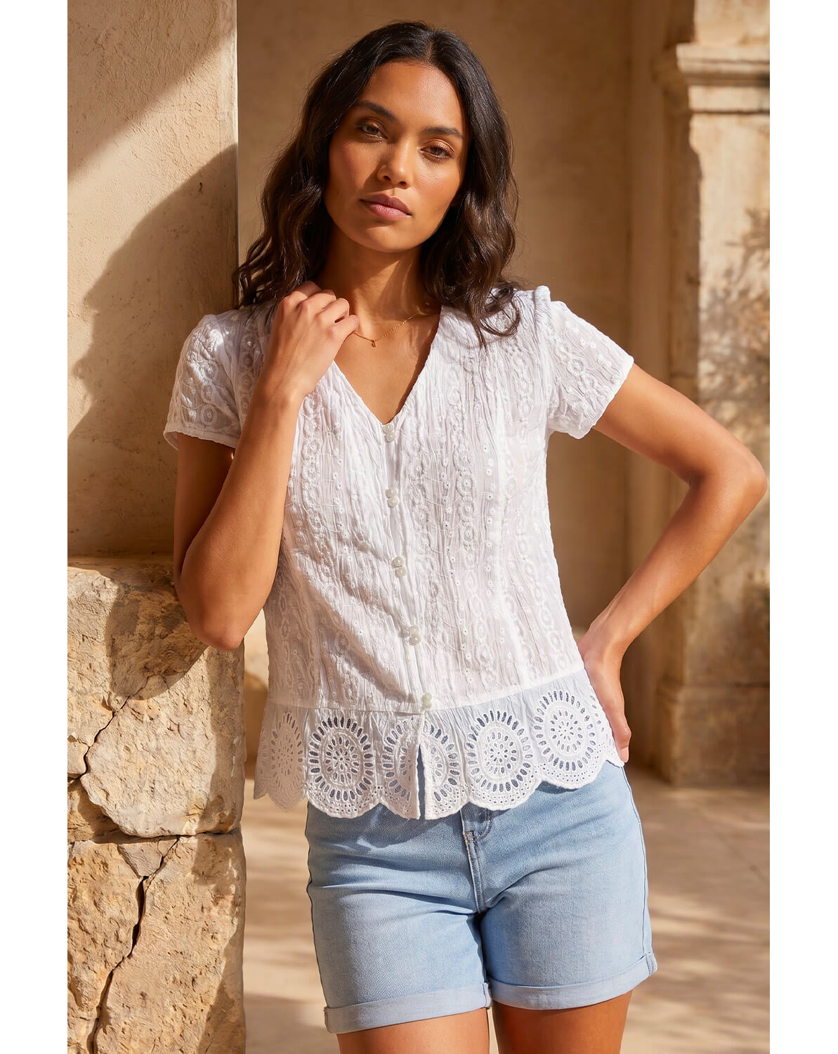Roman Cotton Embroidered Crinkle Blouse