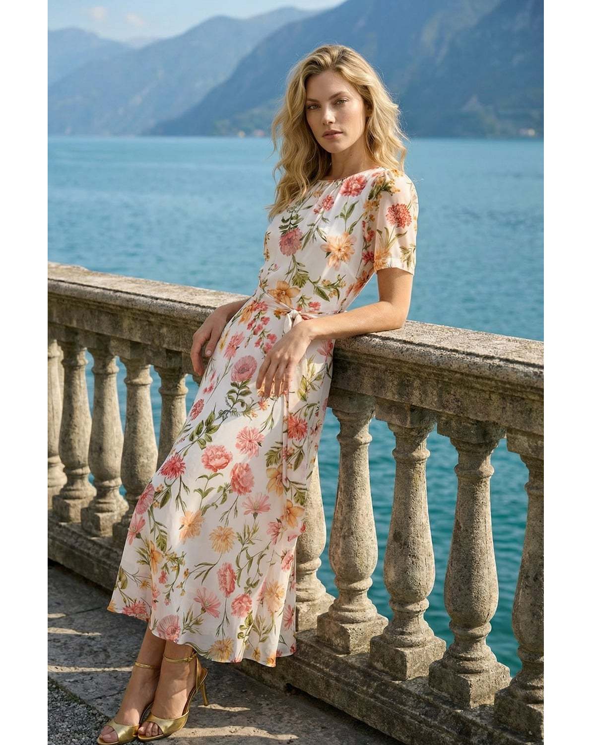 New In - Roman Floral Chiffon Pleated Dress