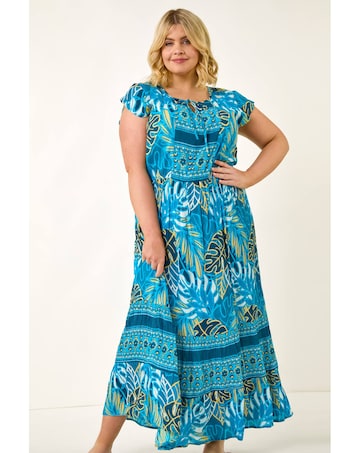 Roman Curve Tropical Tie Neck Dress