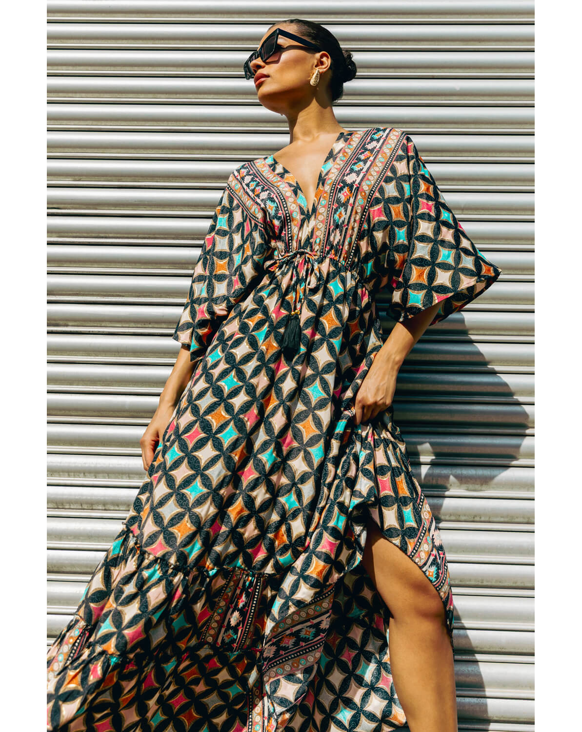New In - Roman Geo Print V-Neck Frill Maxi Dress
