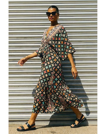 Roman Geo Print V-Neck Frill Maxi Dress