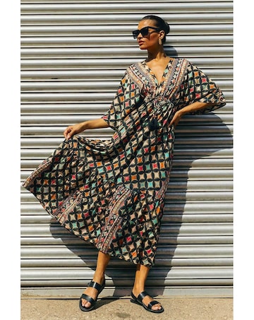 Roman Geo Print V-Neck Frill Maxi Dress