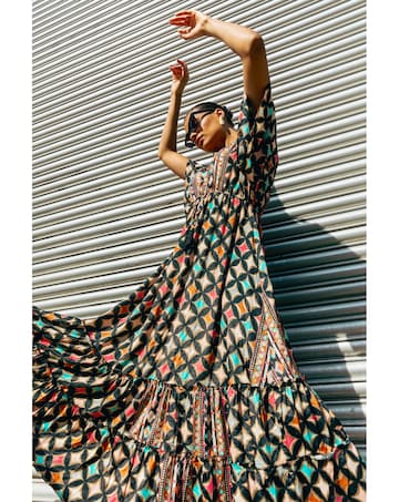 Roman Geo Print V-Neck Frill Maxi Dress