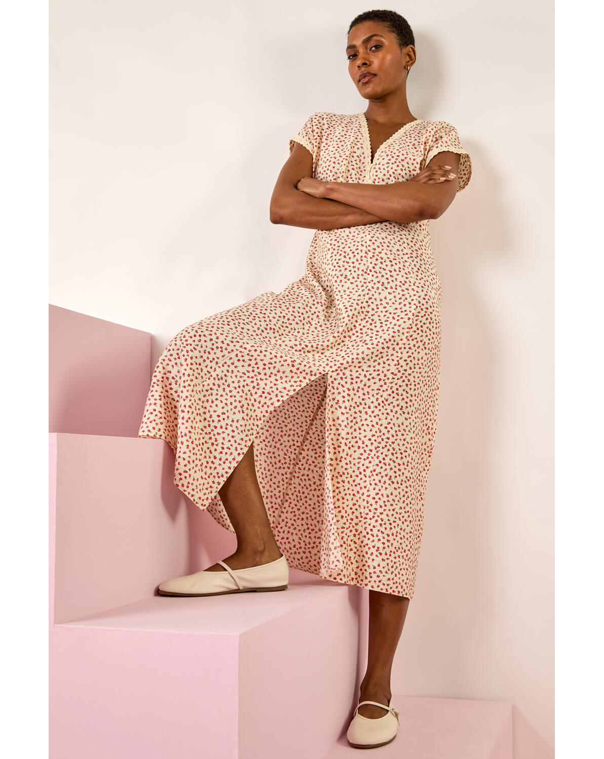 Roman Ditsy Lace Trim Midi Dress | JD Williams