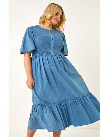 Roman Curve Denim Shirred Midi Dress