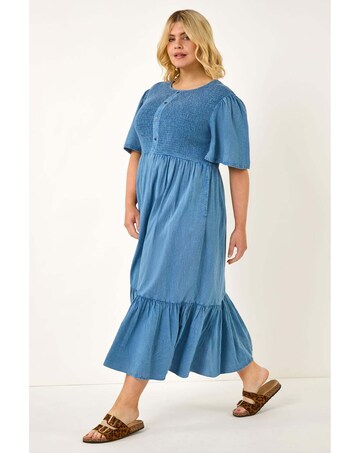 Roman Curve Denim Shirred Midi Dress
