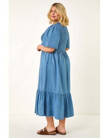 Roman Curve Denim Shirred Midi Dress