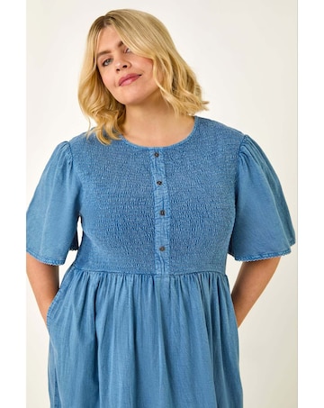 Roman Curve Denim Shirred Midi Dress