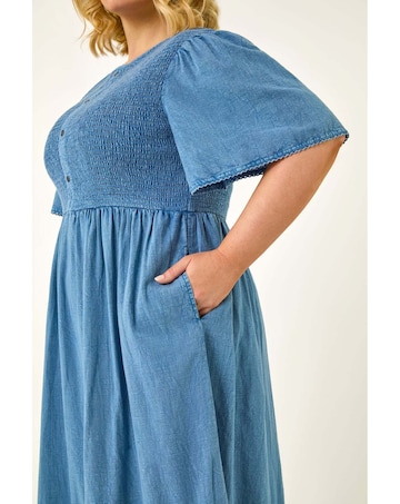 Roman Curve Denim Shirred Midi Dress