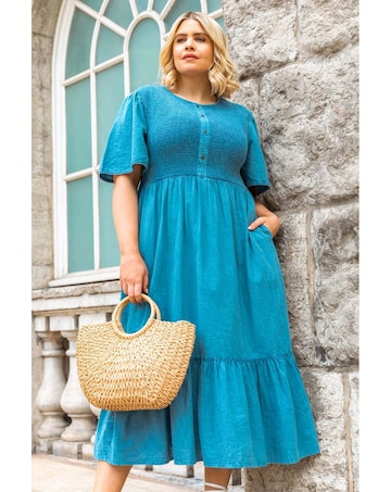 Roman Curve Denim Shirred Midi Dress