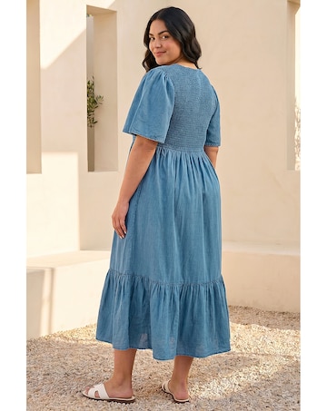 Roman Curve Denim Shirred Midi Dress