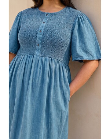Roman Curve Denim Shirred Midi Dress
