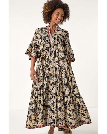 Roman Floral Print Border Maxi Dress
