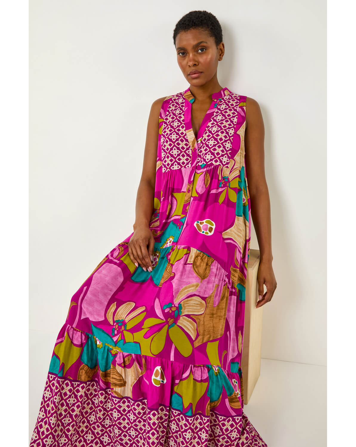 New In - Roman Boho Floral Print Smock Maxi Dress