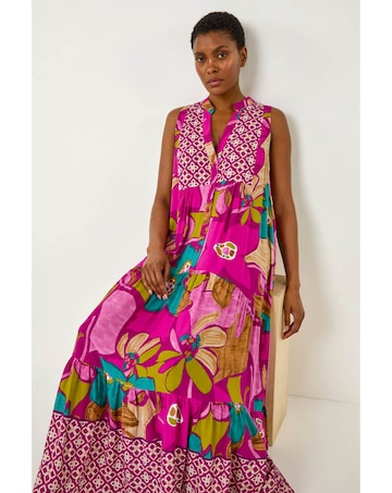 Roman Boho Floral Print Smock Maxi Dress
