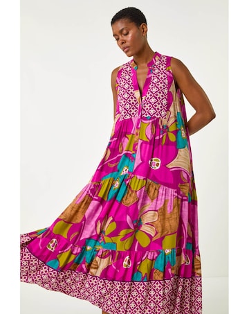 Roman Boho Floral Print Smock Maxi Dress