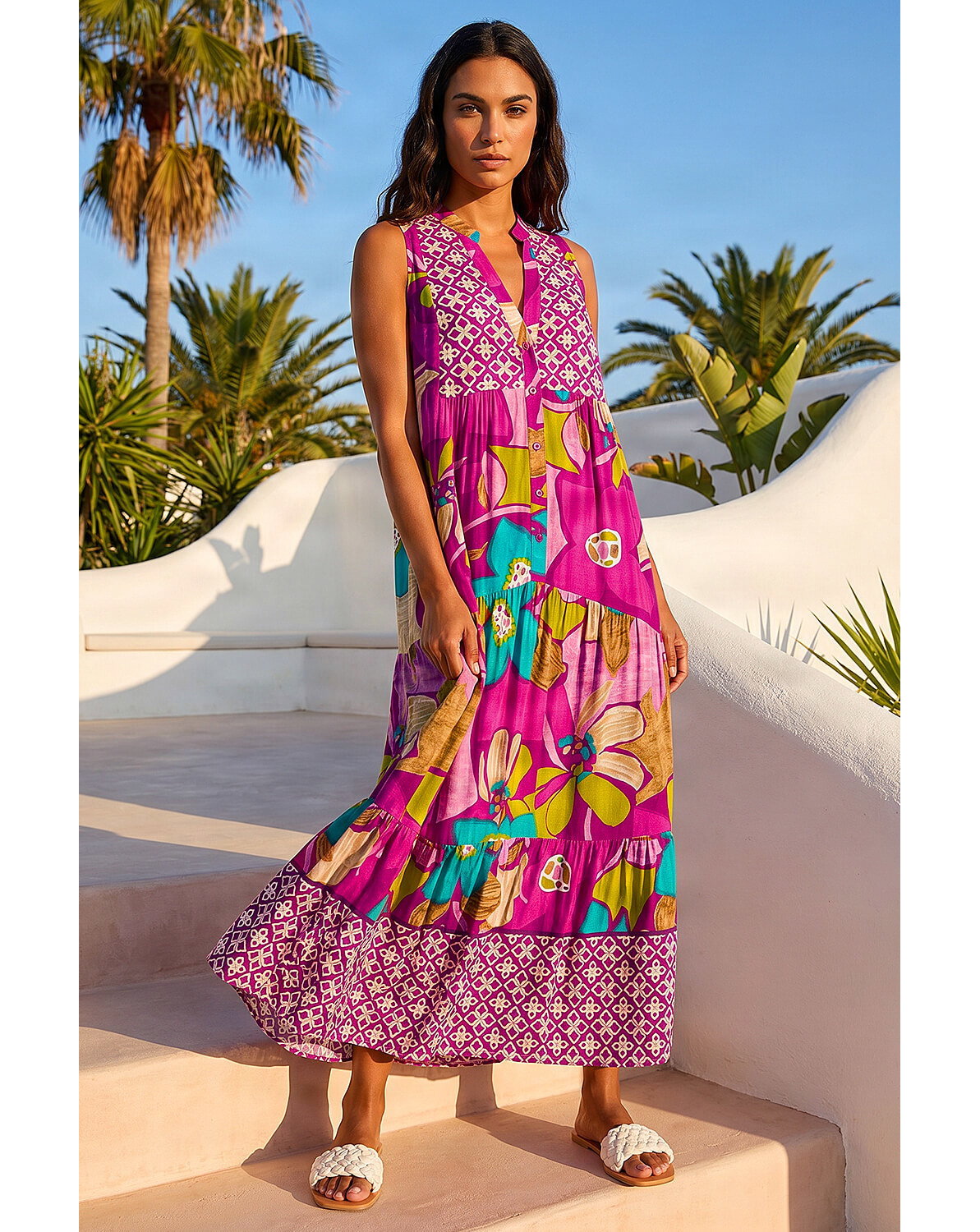 Roman Boho Floral Print Smock Maxi Dress