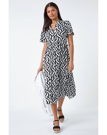Roman Geometric Print Tiered Midi Dress
