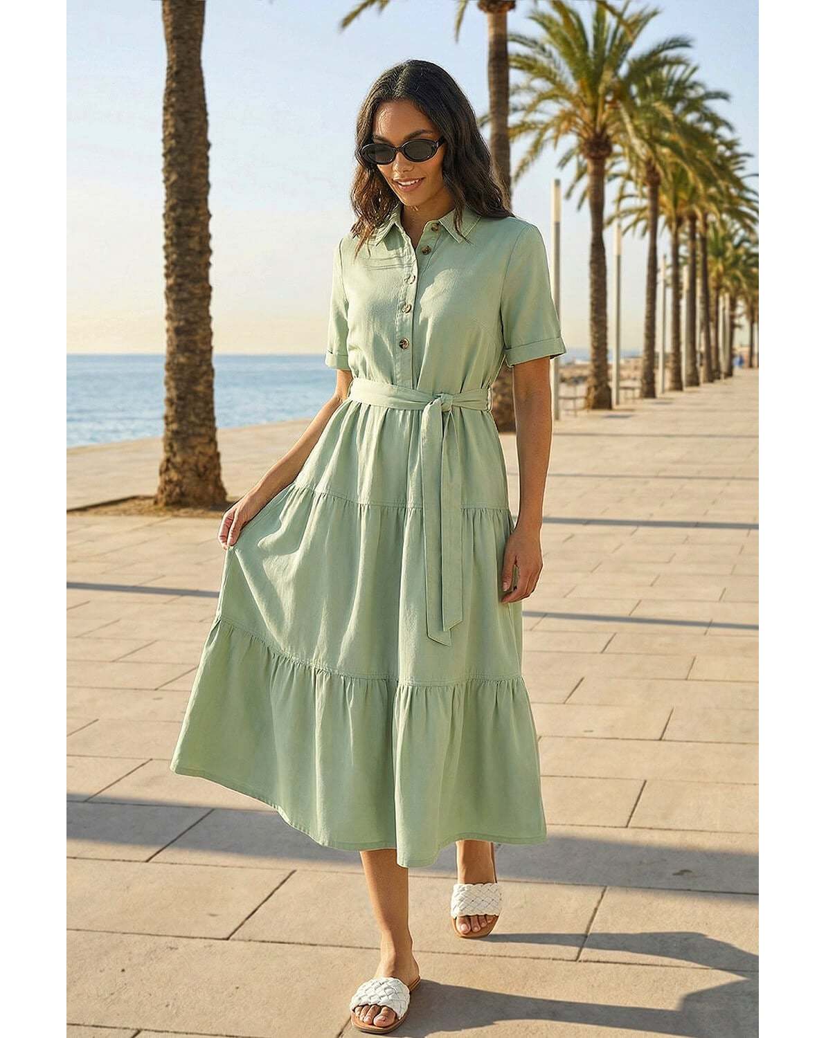 New In - Roman Button Detail Tiered Midi Dress