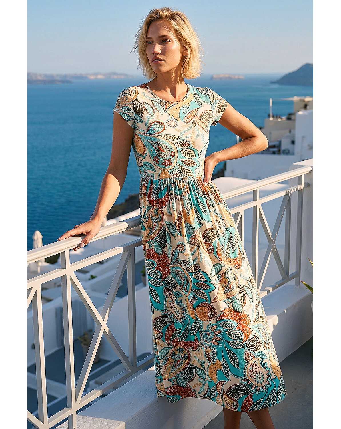 Roman Paisley Short Sleeve Midi Dress