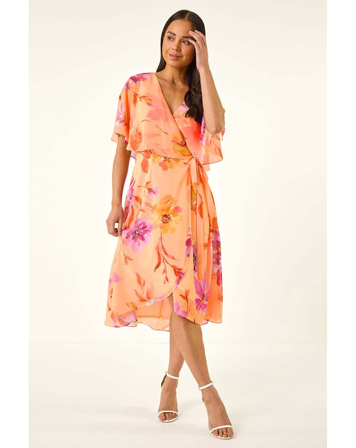 New In - Roman Petite Floral Tie Front Cape Dress
