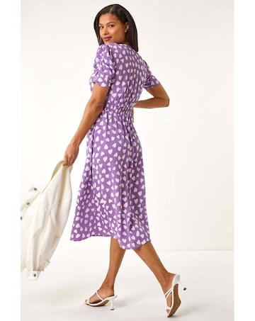 Roman Heart Print Ruched Midi Dress