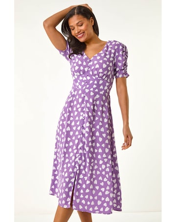 Roman Heart Print Ruched Midi Dress