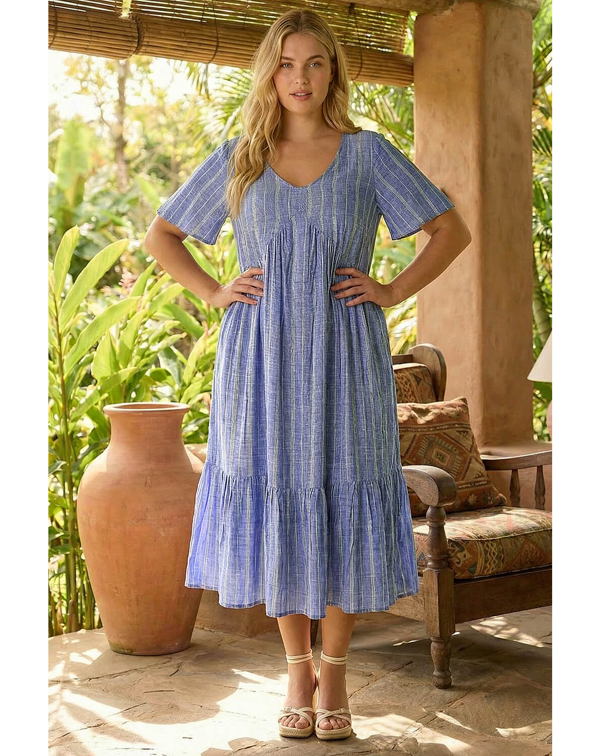 New In - Roman Curve Stripe Print Midi Dress
