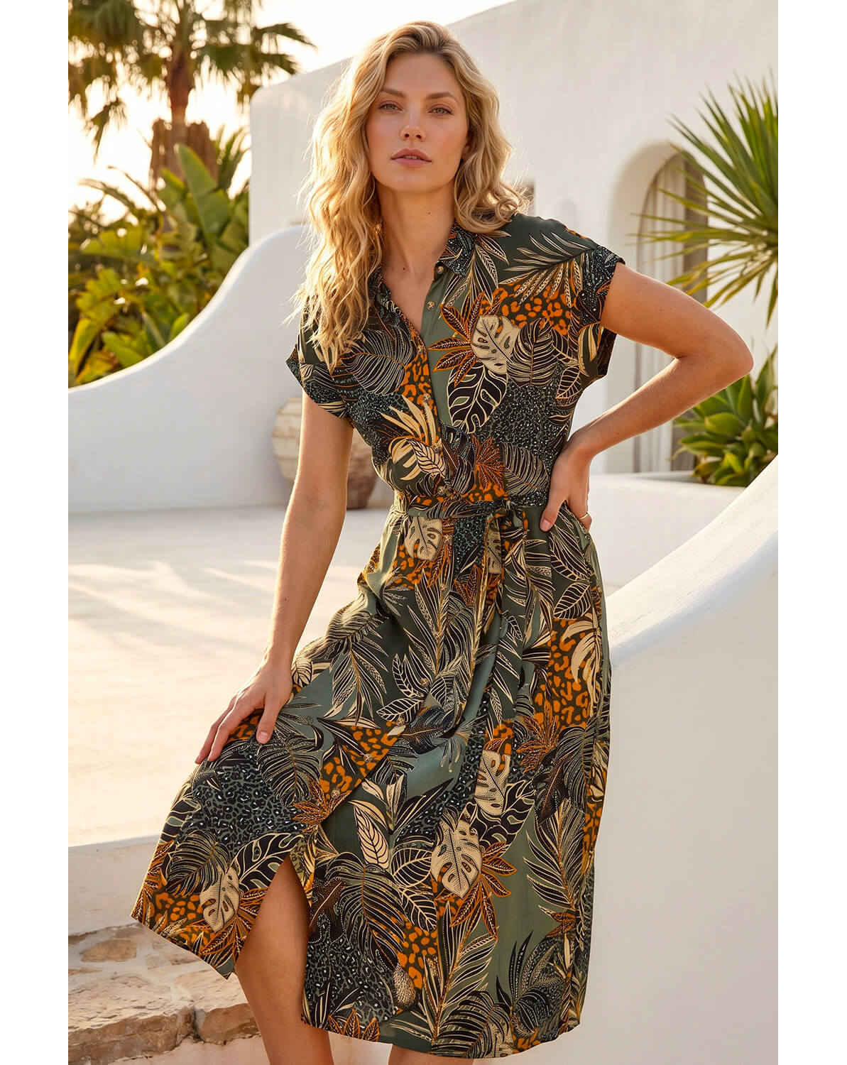 Roman Tropical Leaf Print Shirt Dress