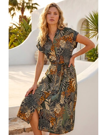 Roman Tropical Leaf Print Shirt Dress