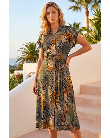 Roman Tropical Leaf Print Shirt Dress