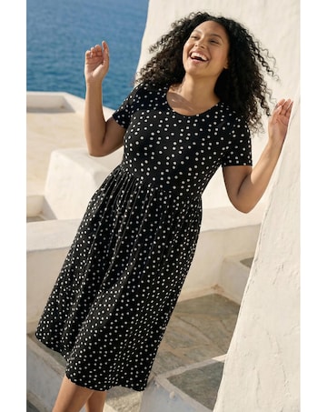 Roman Curve Polka Gathered Waist Dress